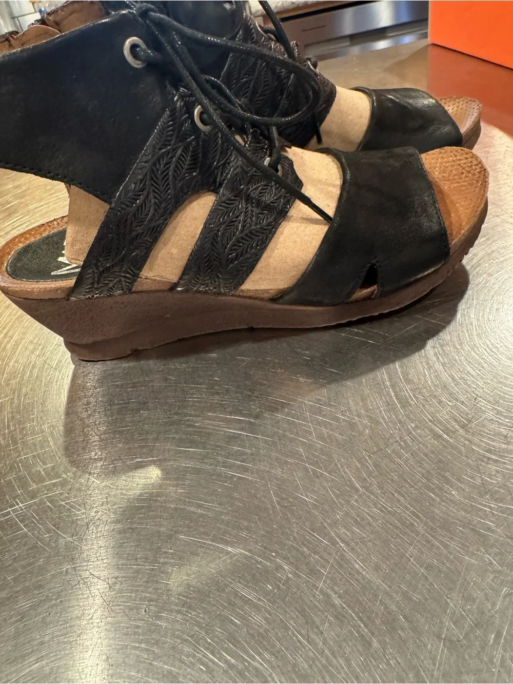 Miz Mooz Black Open-Toe Lace-Up Wedge Sandals